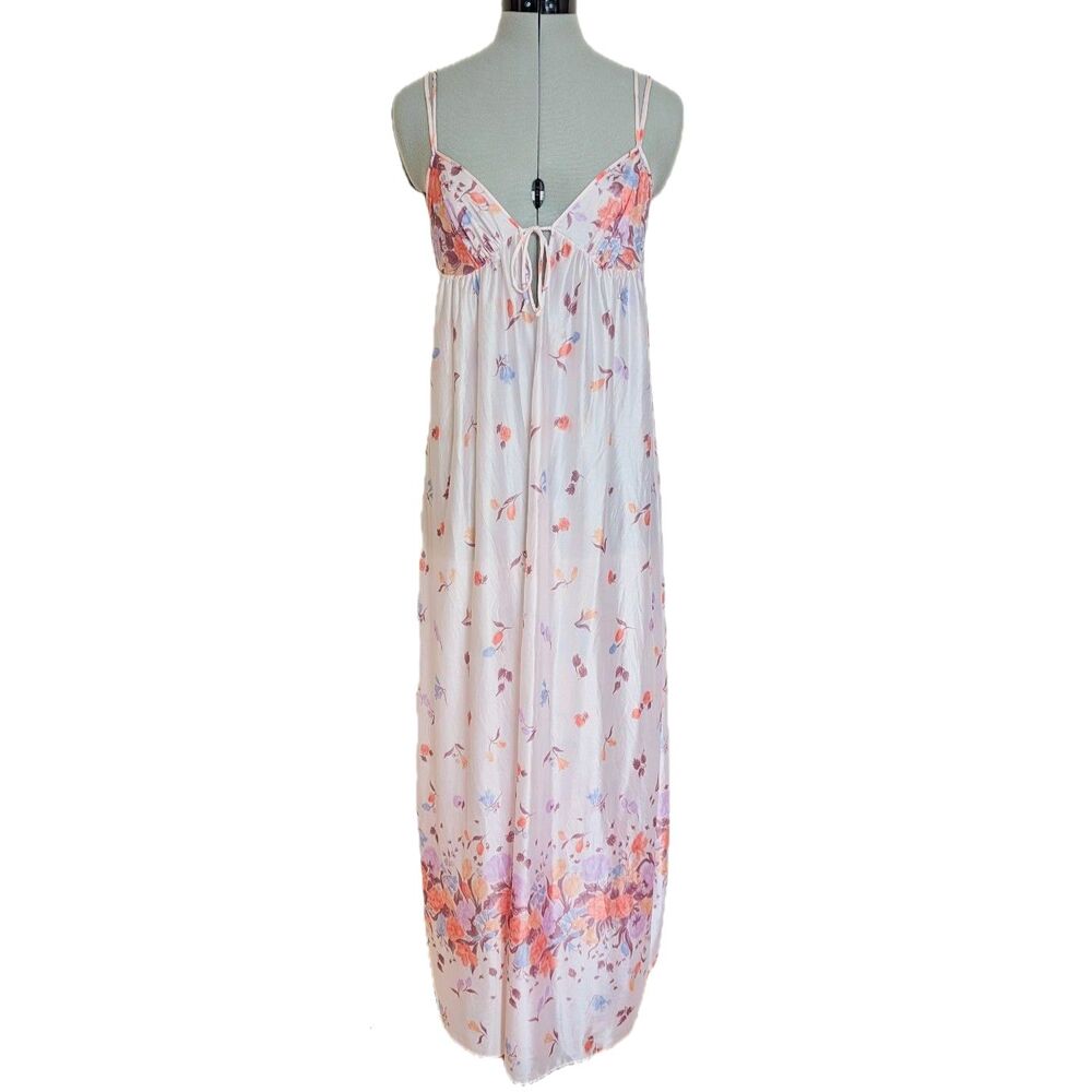 VTG 70s Kayser Empire Waist Floral Tie Front Bodice Maxi Negligee/Slip Dress, XS